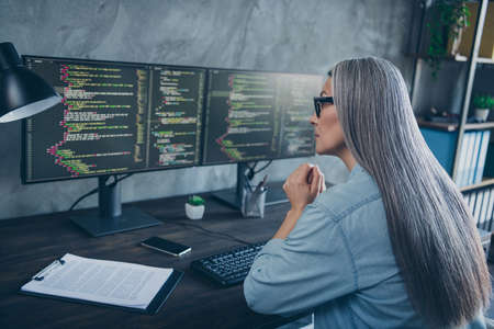 Rear portrait of senior lady sitting chair look two displays debugging workstation indoorsの写真素材