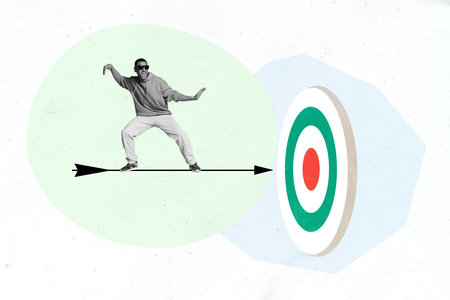 Photo illustration 3d collage young guy keep balance darts arrow fitting center aim symbolizing business success anti crisis conceptの写真素材