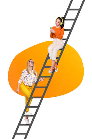 Trendy pop art collage with two people ladies meet on ladder stairs young millennial music lover and motivated business agentの写真素材