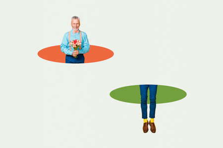 Funny elderly boyfriend slipping away jumping into colofrul circle legs appear from second abstract geometry figure bizarre freak imaginationの写真素材