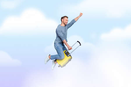 Composite collage image young crazy guy riding his suitcase up in sky horizon traveler wanderlust...