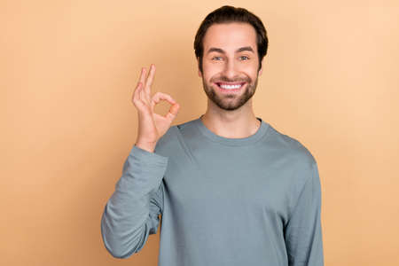 Photo of young cheerful guy show fingers okey symbol perfect feedback decision isolated over beige...