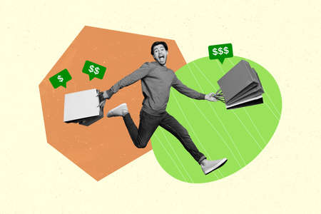 Creative image of black white gamma person hold packages rush fast promotion isolated on drawing...