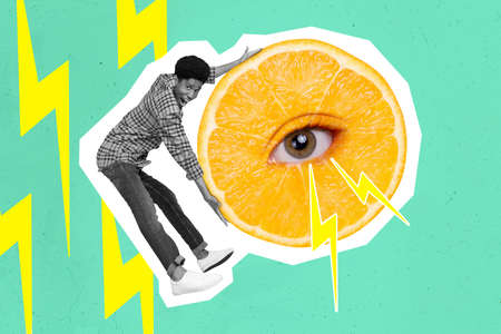 Creative collage of active person black white gamma hands hold orange eye energy isolated on drawing...