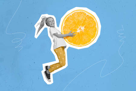 Creative image of funny excited black white gamma pupil jump hold hands orange isolated on drawing blue backgroundの写真素材