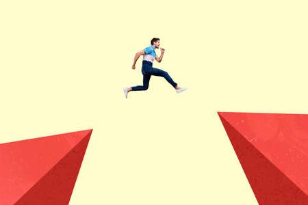 Profile creative picture of person jumping into empty space isolated on illustrated background