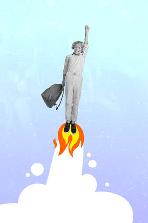 Surreal abstract sketch magazine poster of schoolkid feel determination be a level student fly high...