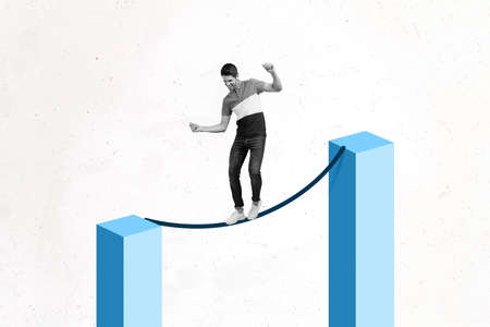 Creative collage picture of young man rope walking keep balance stability isolated on white...