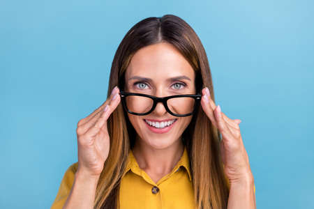 Photo of boss mature brown hairdo lady hands eyewear wear trend cloth isolated on blue color...