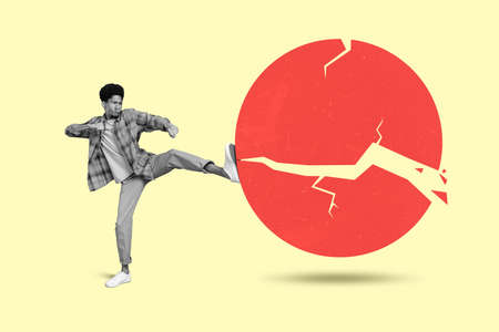 Full length body size view collage of attractive guy fighting breaking big ball isolated over beige...