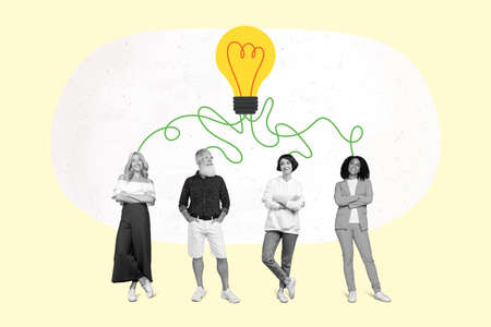 Retro artwork of black white filter people colleagues suggestions connected cartoon light bulb isolated colorful backgroundの写真素材