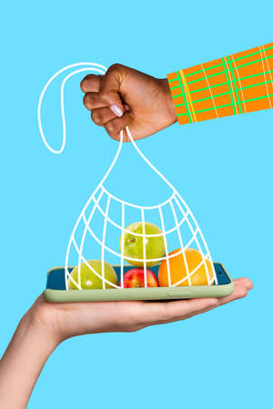 Vertical view of collage two hands giving taking food in sack isolated over teal turquoise pastel...