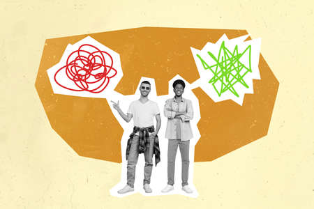 Magazine surreal poster of two people point sketch messy lines concept problem solving think...