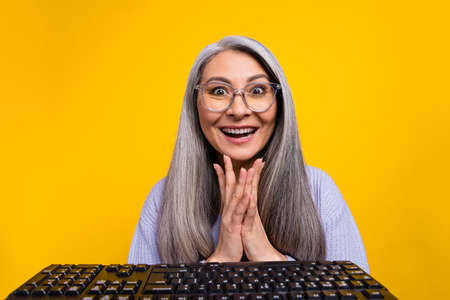 Portrait of charming funny mature lady surfing social media visit online shop see huge sales...