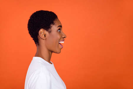 Profile side photo of shocked transgender woman look empty space discount wear t-shirt isolated...