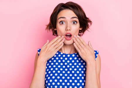 Portrait of adorable sweet lady impressed expression see big shopping bargain isolated on pink color...