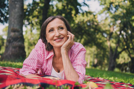 Portrait of adorable nice person lay blanket grass hand cheek think imagine free time outdoors