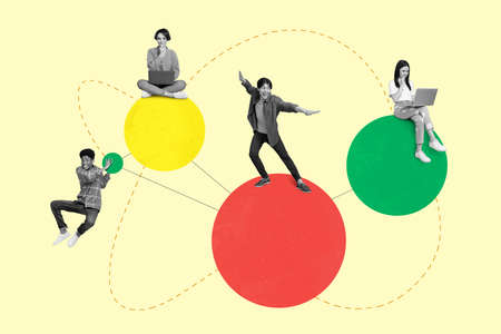 Collage picture of attractive cheerful people sitting on circles studying having fun isolated over beige color backgroundの写真素材