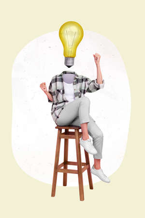 3d creative abstract template photo graphics collage of female having great idea rising fists beige color backgroundの写真素材