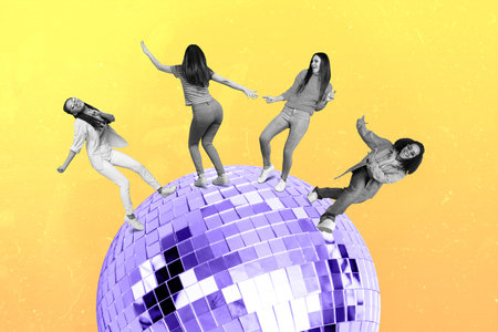 Creative collage of dancing big disco ball girls black white colors effect isolated on drawing...