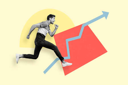 Profile creative collage illustration of running person black white gamma isolated on growth arrow...