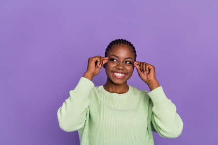 Photo of good mood lovely female in spectacles see promotional ad product advert isolated on purple...
