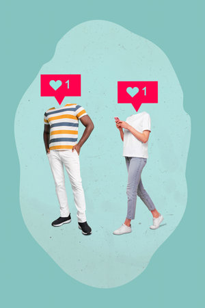 Full body collage photo of lovely couple express their love to each other through social media isolated on green color backgroundの写真素材