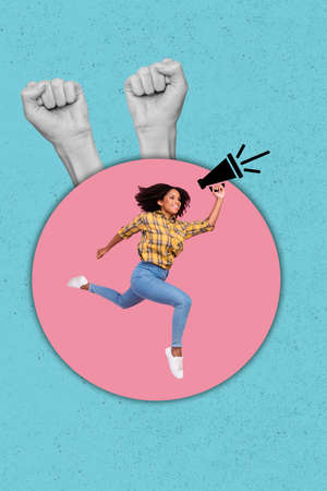 Full body collage photo of energetic active lifestyle woman defend women rights isolated on blue color backgroundの写真素材