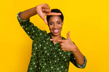 Photo of cheerful positive trans human wear smart casual look showing fingers photo shot isolated...