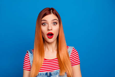 Portrait of impressed person open mouth cant believe look camera isolated on blue color background