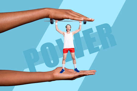 Creative collage banner of coach guy achieve rise heavy barbell weight lifting competition isolated color backgroundの写真素材