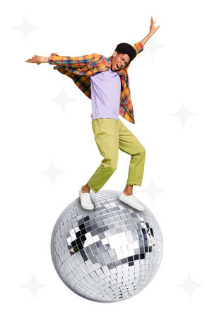 Creative artwork sketch of energetic guy hipster enjoy rock music dance active disco ball isolated...