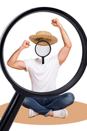 Exclusive dynamic magazine sketch collage of strange man magnifier instead of head rising fists isolated white color backgroundの写真素材