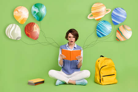 Creative pop collage of nerd geek lady crazy she reading textbook with air balloons sci fi adventure...