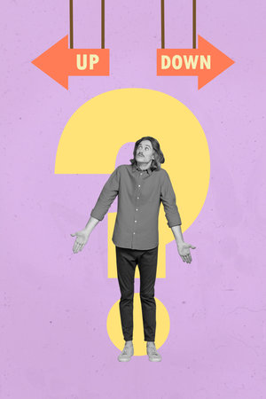 Vertical creative collage illustration of minded person black white colors look up down arrows make...