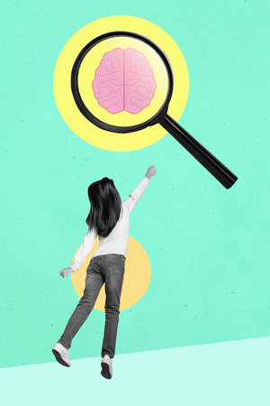 Vertical creative collage of flying pupil girl black white effect raise hand magnifier lens brain education conceptの写真素材