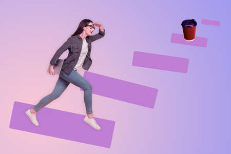 Creative 3d photo artwork graphics collage of purposeful girl holding laptop computer waiting coffee break isolated violet purple backgroundの写真素材