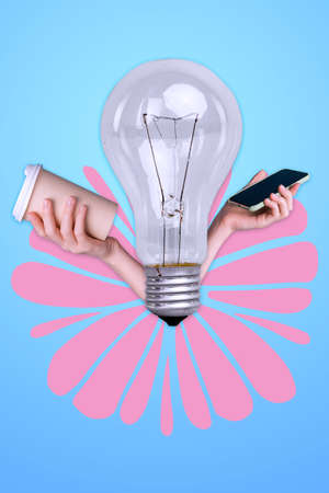 Creative retro 3d magazine collage of hands arms growing form lamp holding modern device cup...