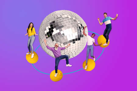 Creative artwork template of people crowd youth grandfather enjoy loud disco ball move isolated...