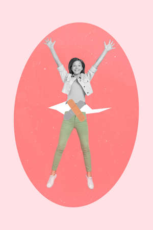 Vertical creative collage picture of positive person raise hands medicine patch bellyの写真素材