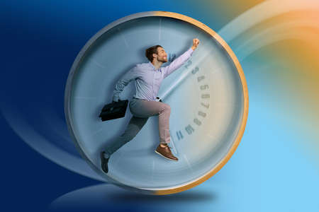 Creative abstract template graphics collage of handsome worker hurrying achieve goals isolated blue color backgroundの写真素材