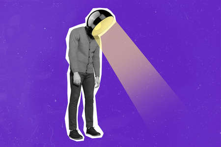 Composite collage portrait of frustrated cartoon personage black white filter light lamp instead head isolated on creative backgroundの写真素材