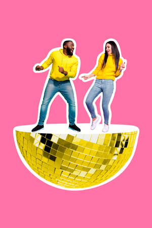 Vertical collage picture of two people have fun enjoy dancing huge half disco ball isolated on pink backgroundの写真素材