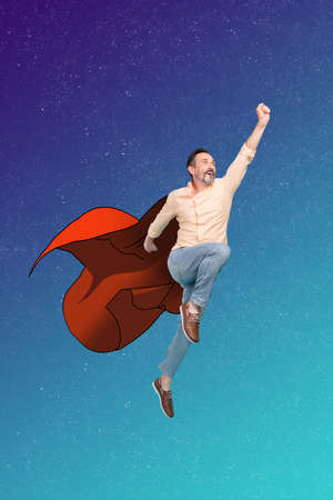 Vertical composite collage portrait of flying super man raise hand wear red drawing cape isolated on...