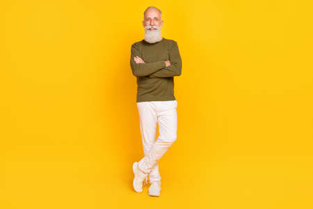 Full length body size view of attractive cheery grey-haired man posing folded arms isolated over...