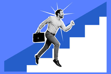 Composite collage picture of excited running person black white colors hold briefcase success growth stairsの写真素材