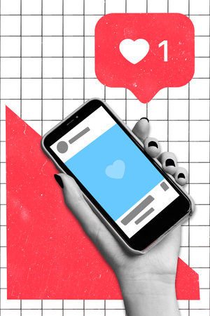 Creative 3d photo artwork graphics collage of arm palm holding social network phone isolated colorful backgroundの写真素材