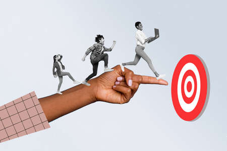 Composite collage image of people black white colors running huge hand finger indicate target