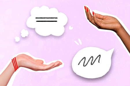Creative collage image of two people arms communication bubble learn syntactic isolated on creative backgroundの写真素材