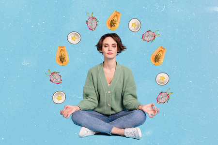 Collage portrait of peaceful person sitting meditate think fresh fruits isolated on blue creative backgroundの写真素材